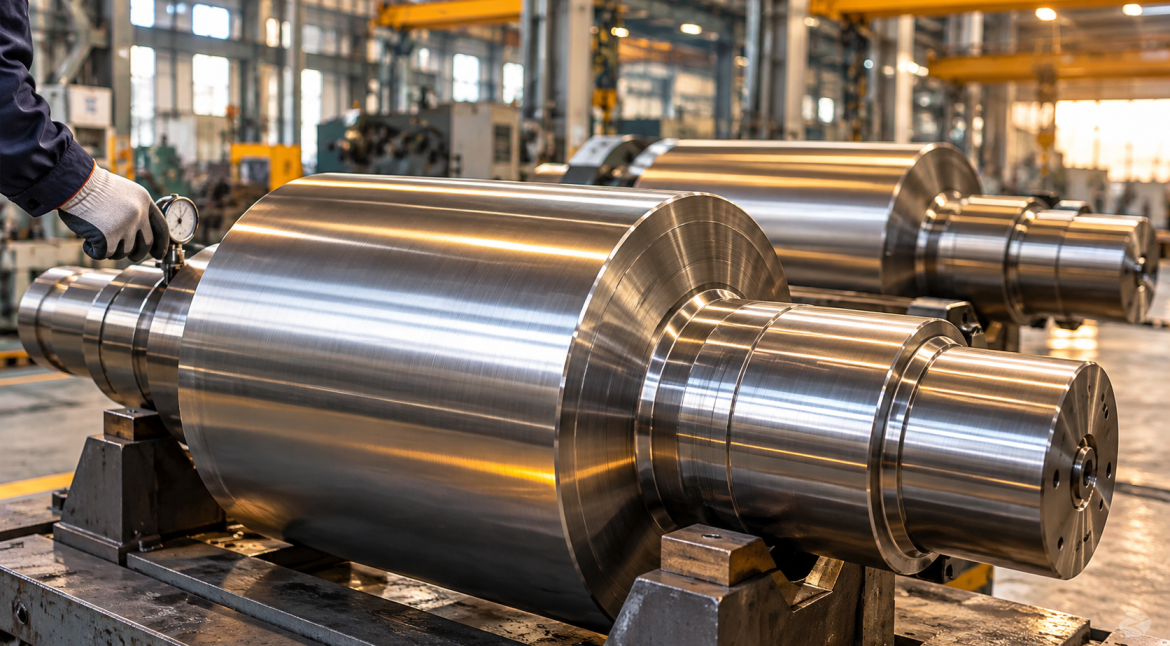 Finished steel mill rolls under quality inspection