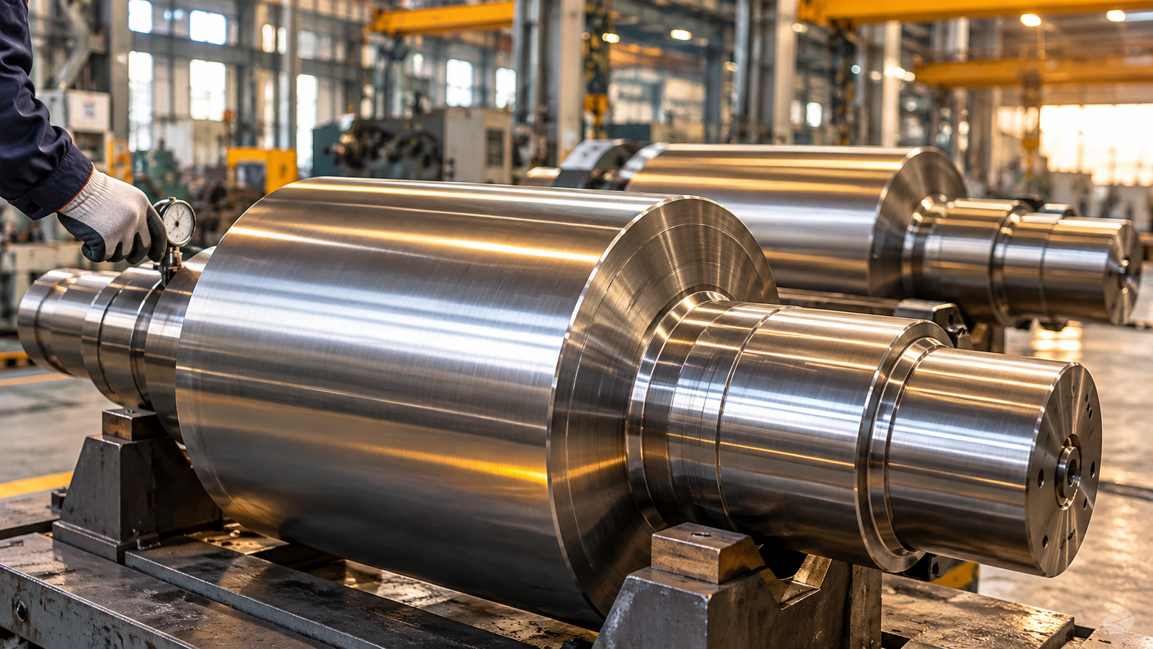 Finished steel mill rolls under quality inspection